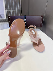 ALAIA 26S MESH THONG HEELS 55 MM IN PALE PINK PATENT CALFSKIN