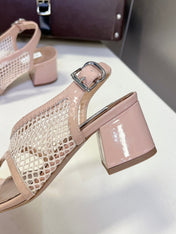 ALAIA 26S MESH THONG HEELS 55 MM IN PALE PINK PATENT CALFSKIN