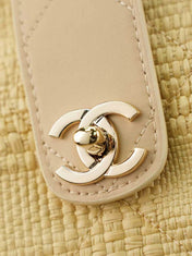 CHANEL 25S SHOULDER BAG 32 IN NATURAL RAFFIA AND CALFSKIN GOLD HARDWARE