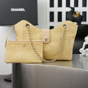 CHANEL 25S SHOULDER BAG 32 IN NATURAL RAFFIA AND CALFSKIN GOLD HARDWARE