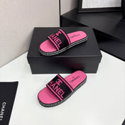 CC SLIDE SANDALS 25S IN PINK FABRIC AND CALFSKIN