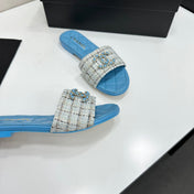 CHANEL 26S SANDALS IN BLUE LAMBSKIN AND WHITE TWEED