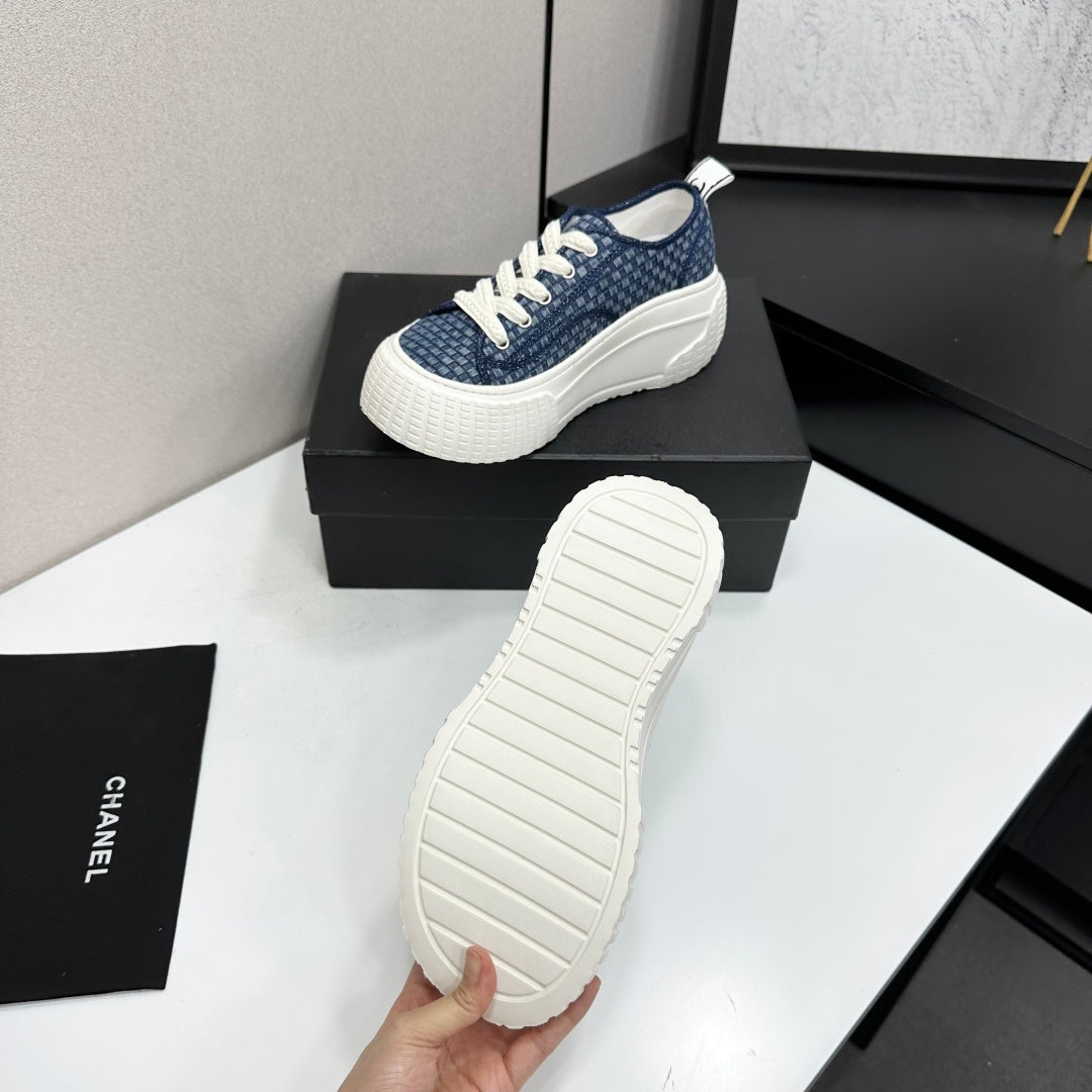 CHANEL 26S CHUNKY SNEAKERS IN NAVY BLUE CHECKERED WOVEN FABRIC