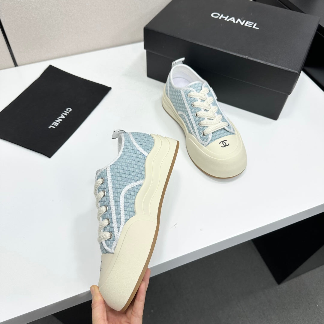 CHANEL 26S SNEAKERS IN LIGHT BLUE CHECKERED WOVEN FABRIC