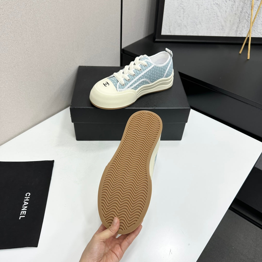 CHANEL 26S SNEAKERS IN LIGHT BLUE CHECKERED WOVEN FABRIC