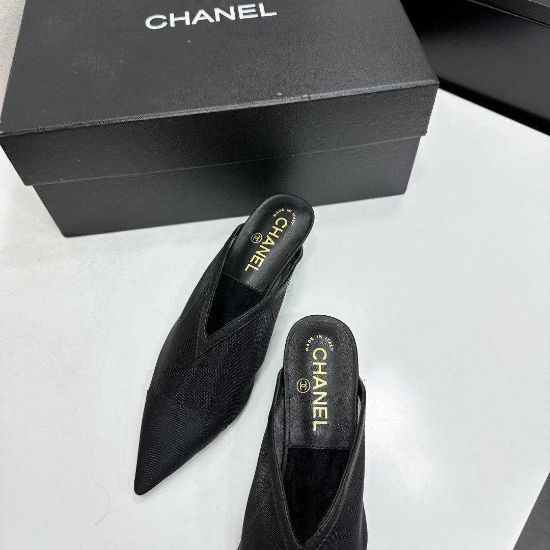 CHANEL 26S HIGH HEELS MULES 35 MM IN BLACK MESH