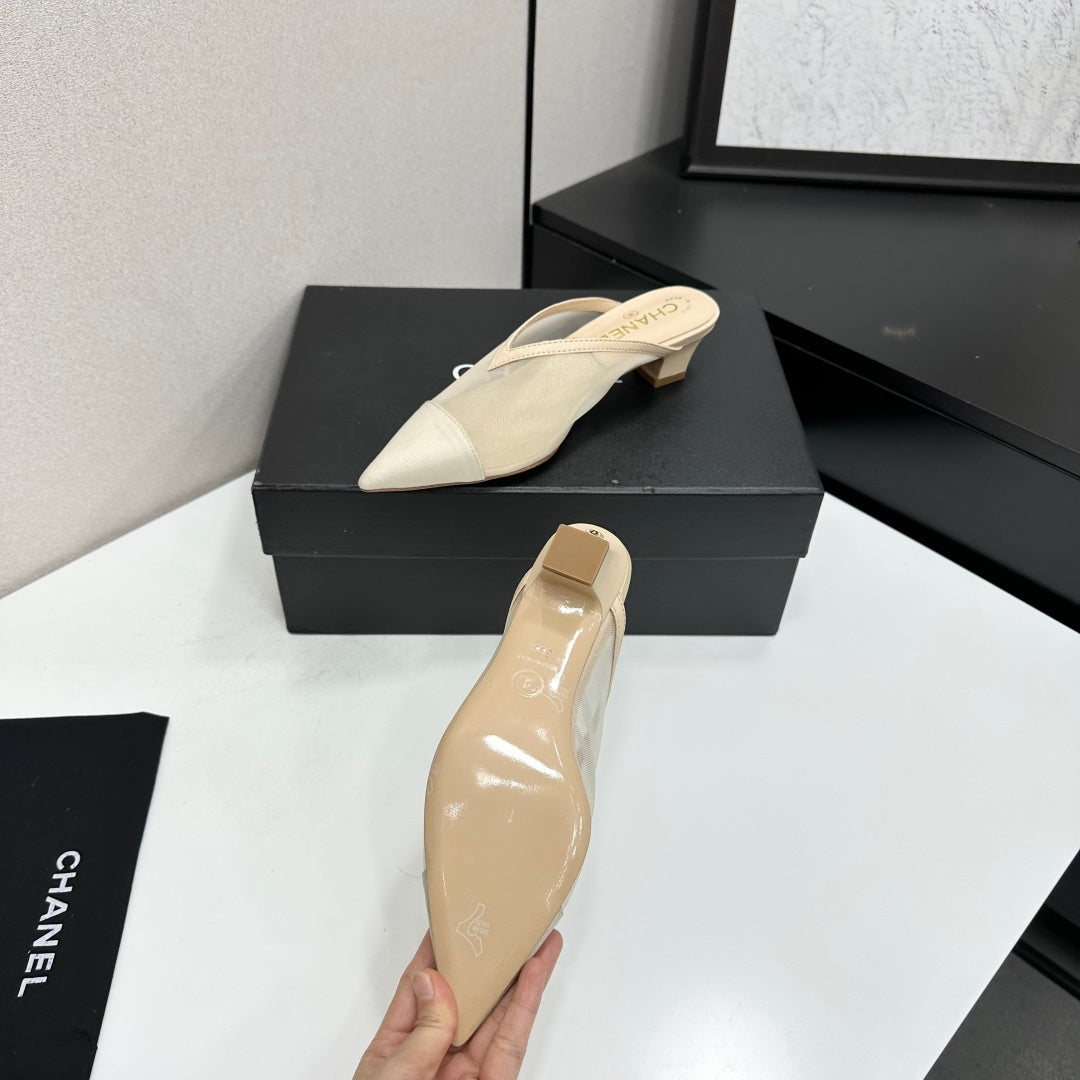 CHANEL 26S HIGH HEELS MULES 35 MM IN BEIGE MESH
