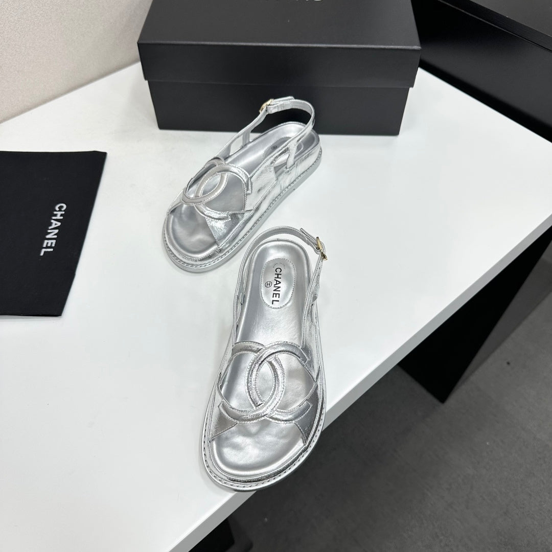 CHANEL 26S FLAT SANDALS IN SILVER LAMBSKIN