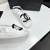 CHANEL 26S FLAT SANDALS IN WHITE LAMBSKIN WITH BLACK OVERSIZED CC LOGO