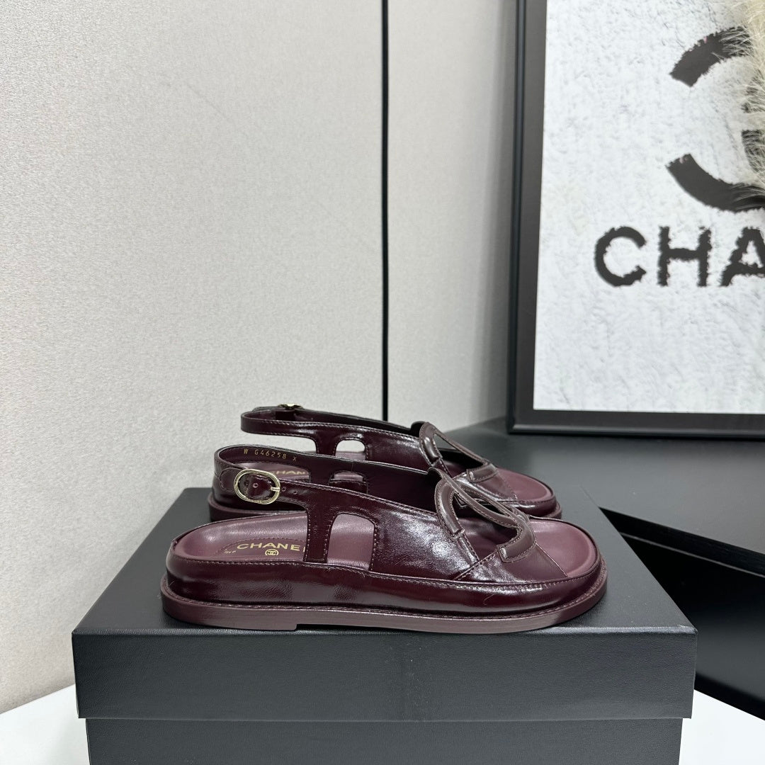 CHANEL 26S FLAT SANDALS IN BURGUNDY LAMBSKIN