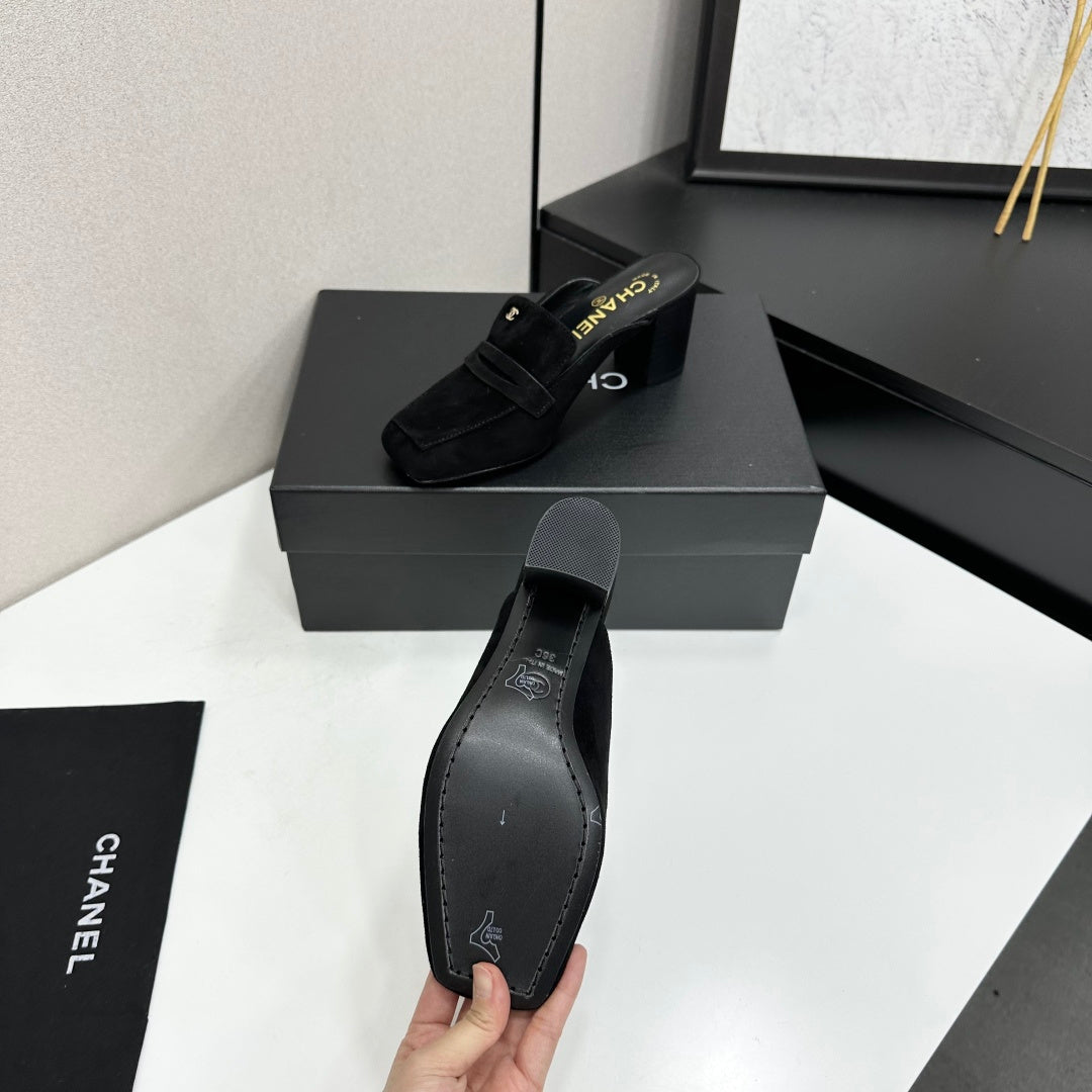 CHANEL 26S MULE PUMPS IN BLACK SUEDE