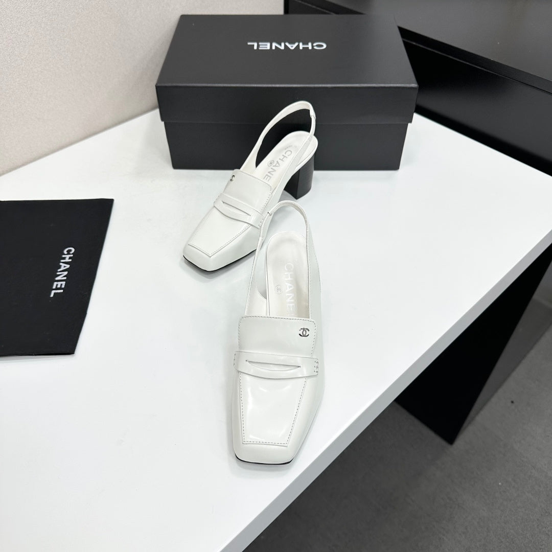 CHANEL 26S SLINGBACK LOAFER PUMPS IN WHITE PATENT CALFSKIN
