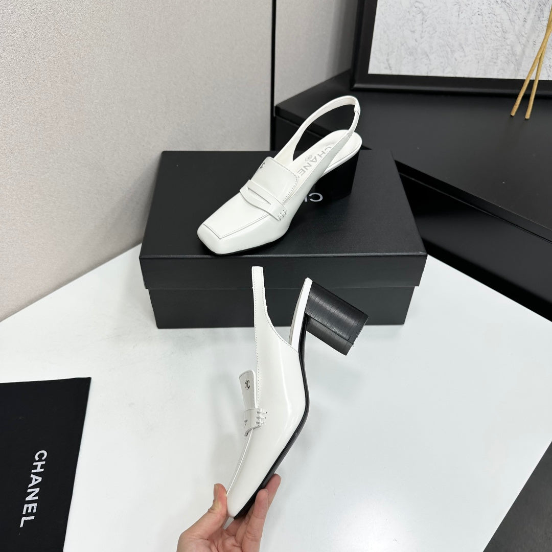 CHANEL 26S SLINGBACK LOAFER PUMPS IN WHITE PATENT CALFSKIN