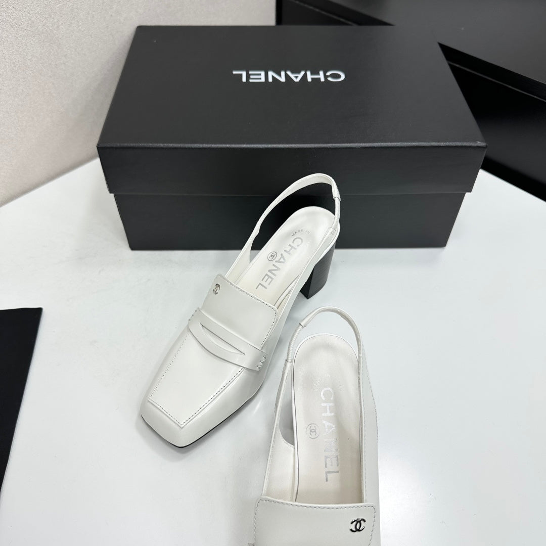 CHANEL 26S SLINGBACK LOAFER PUMPS IN WHITE PATENT CALFSKIN