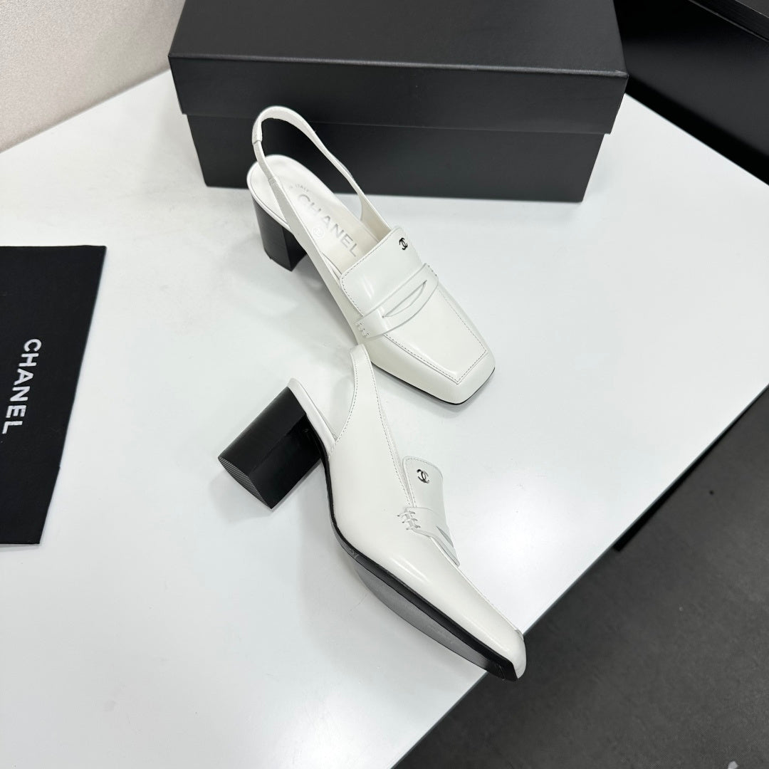 CHANEL 26S SLINGBACK LOAFER PUMPS IN WHITE PATENT CALFSKIN