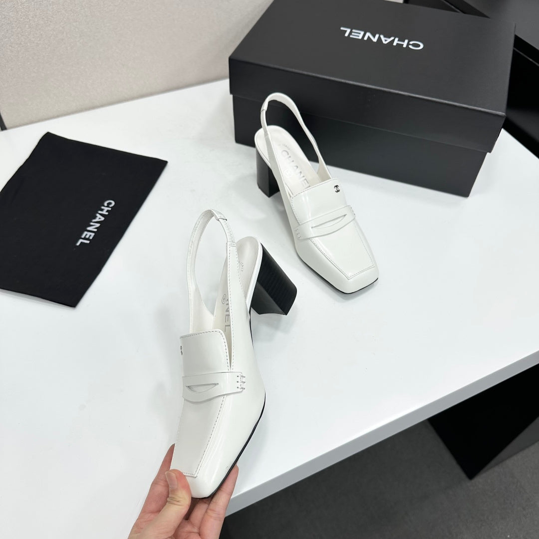CHANEL 26S SLINGBACK LOAFER PUMPS IN WHITE PATENT CALFSKIN