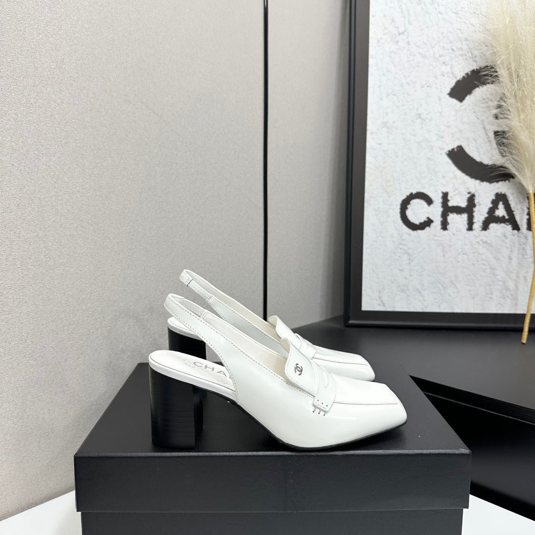CHANEL 26S SLINGBACK LOAFER PUMPS IN WHITE PATENT CALFSKIN