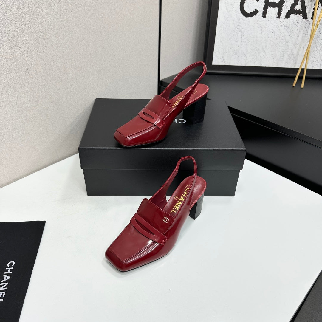 CHANEL 26S SLINGBACK LOAFER PUMPS IN DARK RED PATENT CALFSKIN