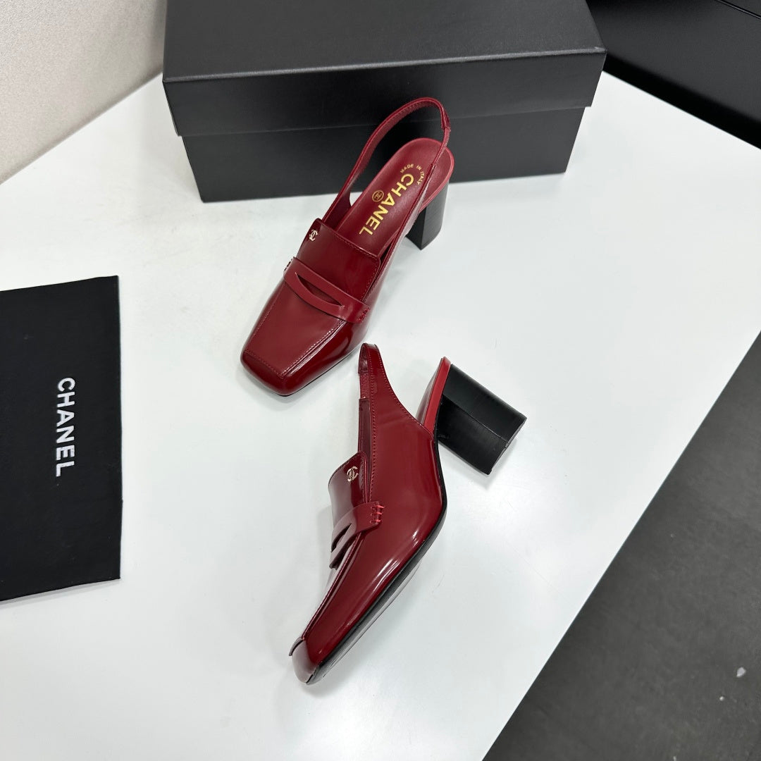 CHANEL 26S SLINGBACK LOAFER PUMPS IN DARK RED PATENT CALFSKIN