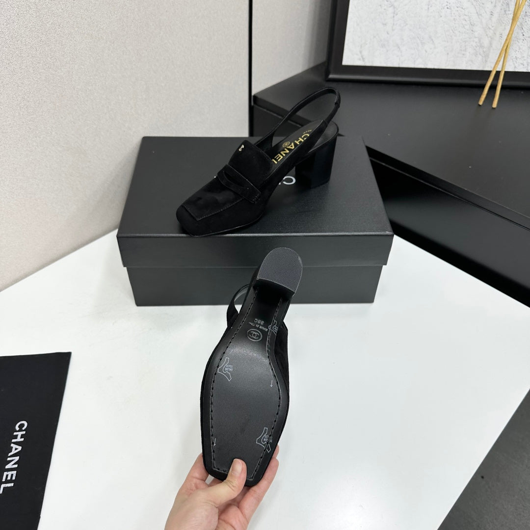 CHANEL 26S SLINGBACK LOAFER PUMPS IN BLACK SUEDE