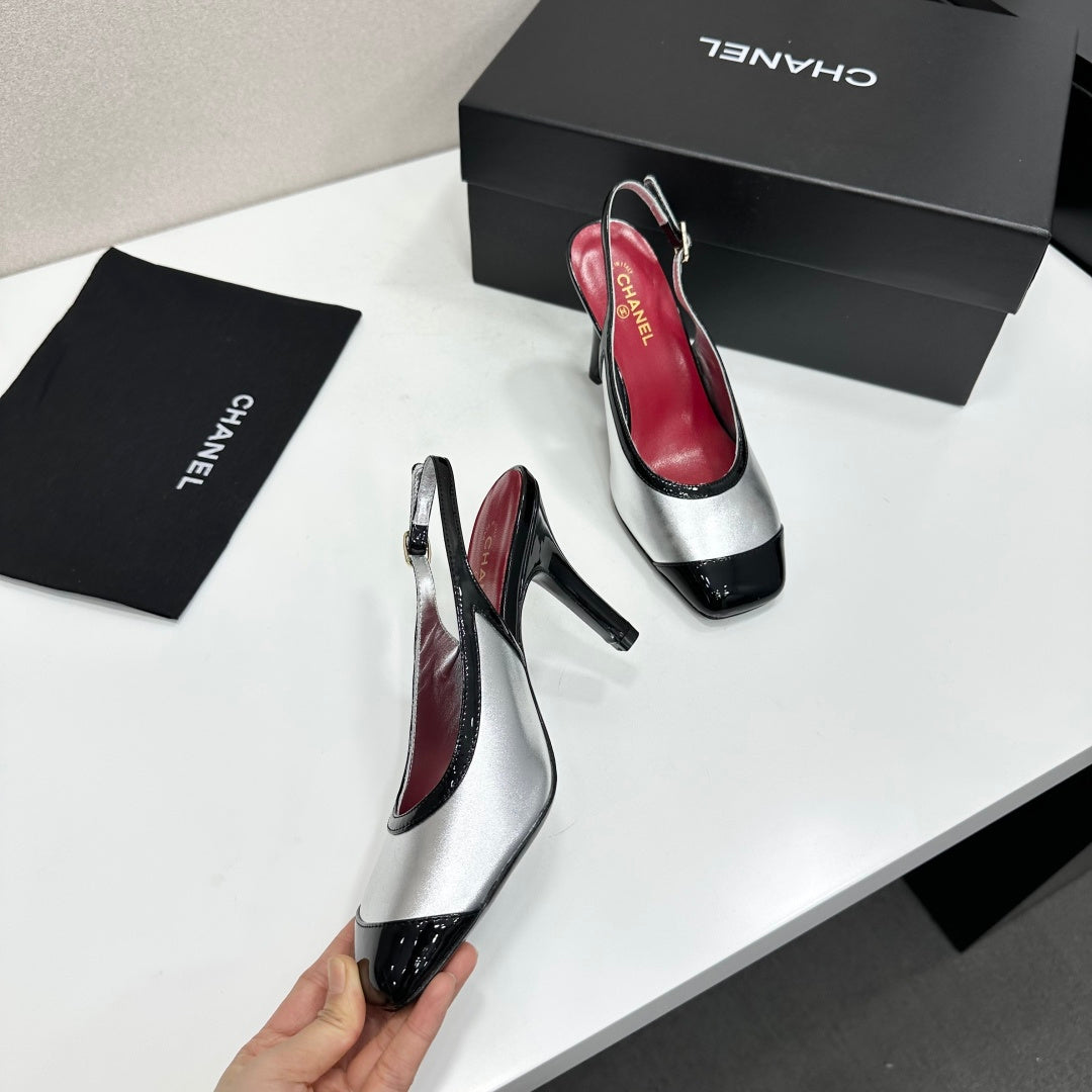 CHANEL 26S HIGH HEEL SLINGBACK IN SILVER LAMBSKIN AND BLACK PATENT CALFSKIN