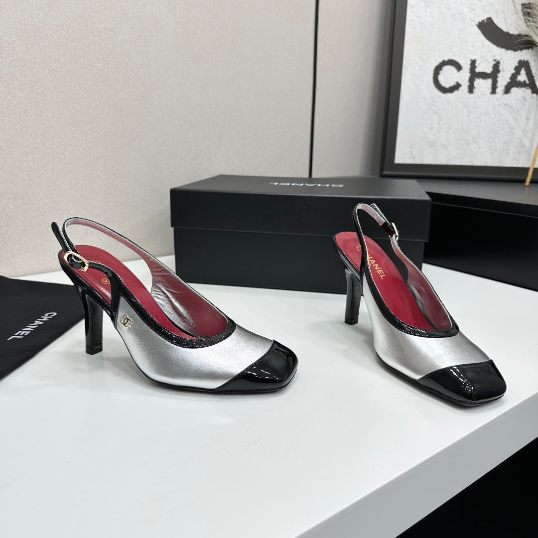 CHANEL 26S HIGH HEEL SLINGBACK IN SILVER LAMBSKIN AND BLACK PATENT CALFSKIN