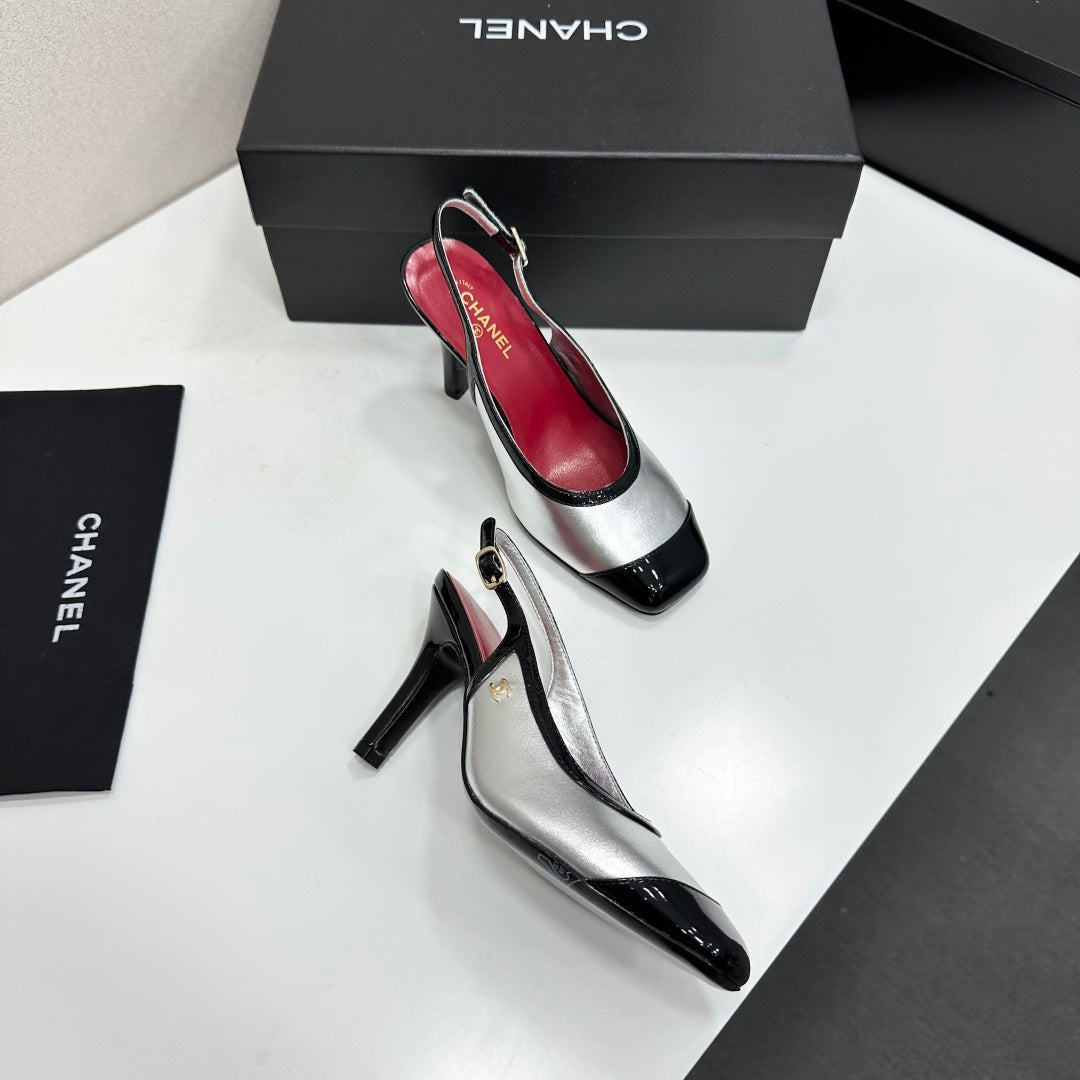 CHANEL 26S HIGH HEEL SLINGBACK IN SILVER LAMBSKIN AND BLACK PATENT CALFSKIN