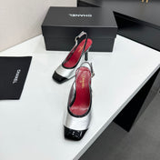 CHANEL 26S HIGH HEEL SLINGBACK IN SILVER LAMBSKIN AND BLACK PATENT CALFSKIN