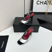 CHANEL 26S HIGH HEEL SLINGBACK IN SILVER LAMBSKIN AND BLACK PATENT CALFSKIN