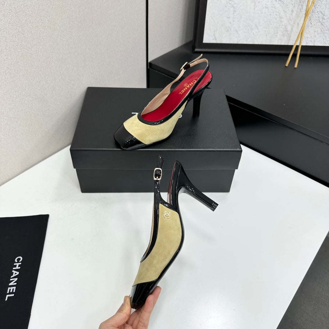 CHANEL 26S HIGH HEEL SLINGBACK IN BEIGE SUEDE AND BLACK PATENT CALFSKIN