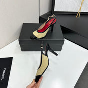 CHANEL 26S HIGH HEEL SLINGBACK IN BEIGE SUEDE AND BLACK PATENT CALFSKIN