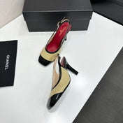 CHANEL 26S HIGH HEEL SLINGBACK IN BEIGE SUEDE AND BLACK PATENT CALFSKIN