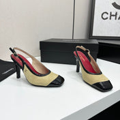 CHANEL 26S HIGH HEEL SLINGBACK IN BEIGE SUEDE AND BLACK PATENT CALFSKIN
