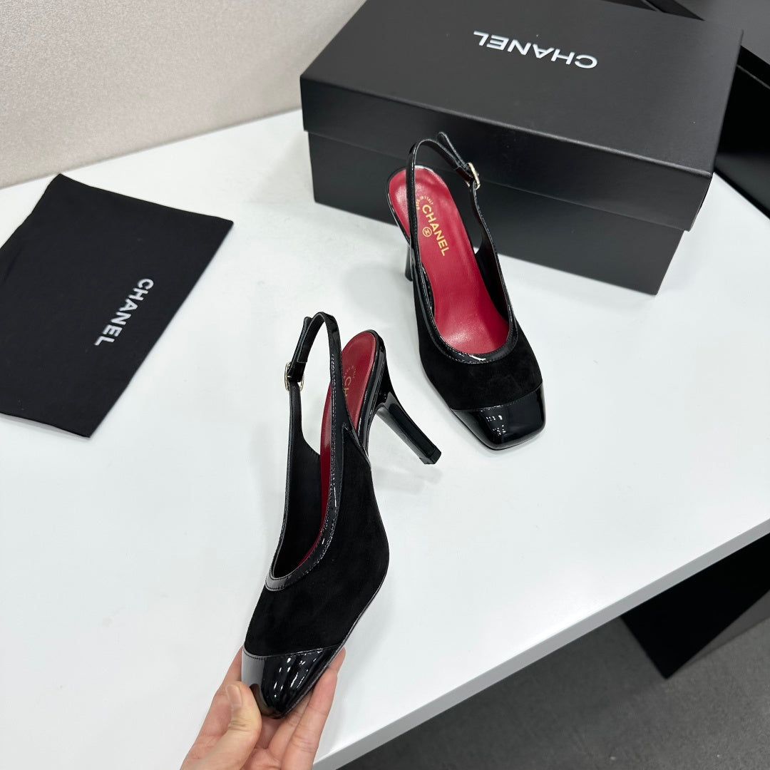 CHANEL 26S HIGH HEEL SLINGBACK PUMPS IN BLACK SUEDE