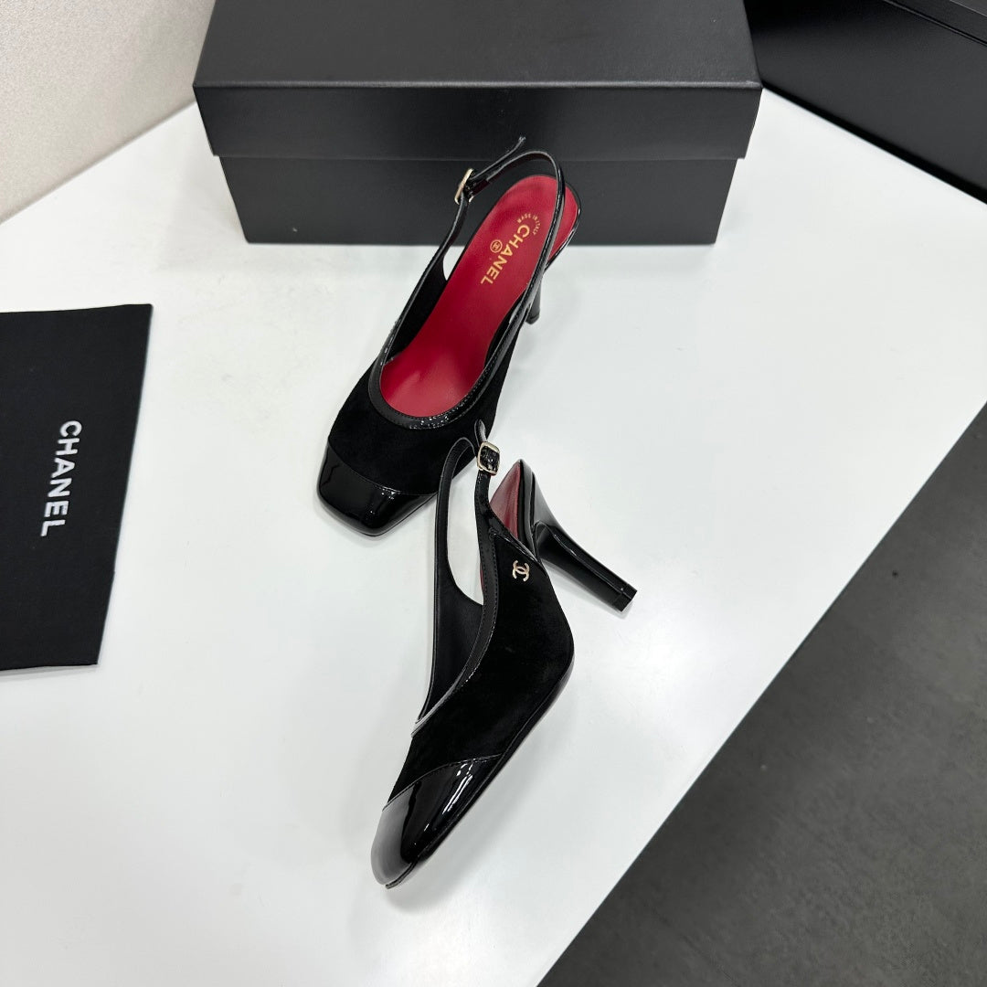 CHANEL 26S HIGH HEEL SLINGBACK PUMPS IN BLACK SUEDE