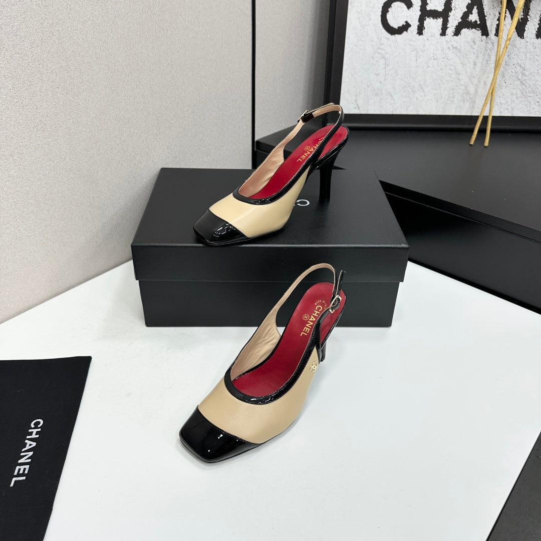 CHANEL 26S HIGH HEEL SLINGBACK IN BEIGE LAMBSKIN AND BLACK PATENT CALFSKIN