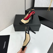 CHANEL 26S HIGH HEEL SLINGBACK IN BEIGE LAMBSKIN AND BLACK PATENT CALFSKIN