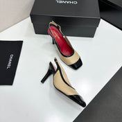 CHANEL 26S HIGH HEEL SLINGBACK IN BEIGE LAMBSKIN AND BLACK PATENT CALFSKIN