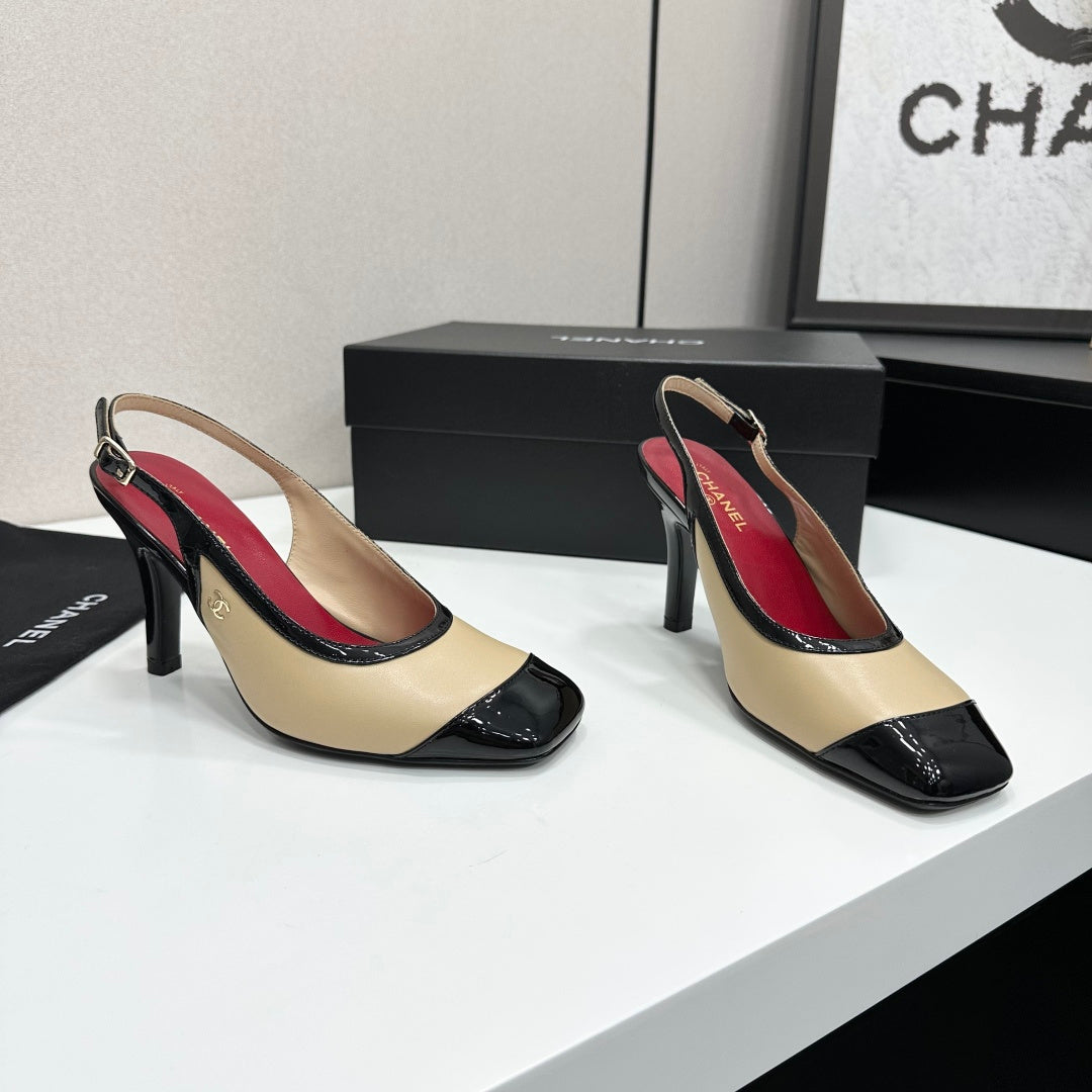 CHANEL 26S HIGH HEEL SLINGBACK IN BEIGE LAMBSKIN AND BLACK PATENT CALFSKIN