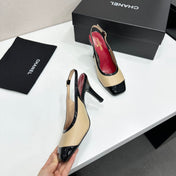 CHANEL 26S HIGH HEEL SLINGBACK IN BEIGE LAMBSKIN AND BLACK PATENT CALFSKIN