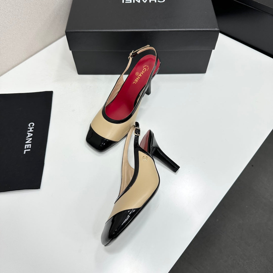 CHANEL 26S HIGH HEEL SLINGBACK IN BEIGE LAMBSKIN AND BLACK PATENT CALFSKIN