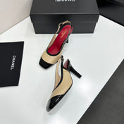 CHANEL 26S HIGH HEEL SLINGBACK IN BEIGE LAMBSKIN AND BLACK PATENT CALFSKIN
