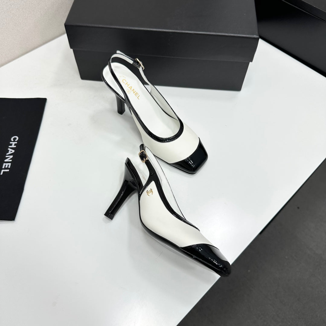 CHANEL 26S HIGH HEEL SLINGBACK IN WHITE LAMBSKIN AND BLACK PATENT CALFSKIN