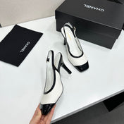 CHANEL 26S HIGH HEEL SLINGBACK IN WHITE LAMBSKIN AND BLACK PATENT CALFSKIN