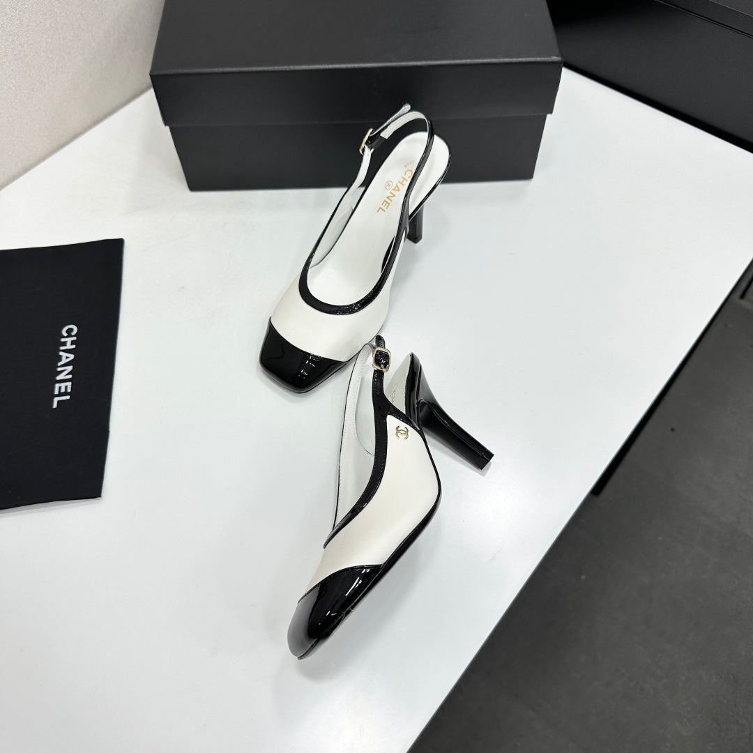 CHANEL 26S HIGH HEEL SLINGBACK IN WHITE LAMBSKIN AND BLACK PATENT CALFSKIN