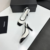 CHANEL 26S HIGH HEEL SLINGBACK IN WHITE LAMBSKIN AND BLACK PATENT CALFSKIN
