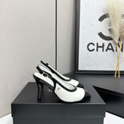 CHANEL 26S HIGH HEEL SLINGBACK IN WHITE LAMBSKIN AND BLACK PATENT CALFSKIN