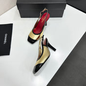 CHANEL 26S HIGH HEEL SLINGBACK IN GOLD LAMBSKIN AND BLACK PATENT CALFSKIN