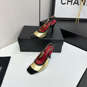 CHANEL 26S HIGH HEEL SLINGBACK IN GOLD LAMBSKIN AND BLACK PATENT CALFSKIN