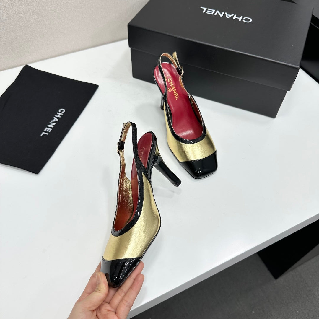 CHANEL 26S HIGH HEEL SLINGBACK IN GOLD LAMBSKIN AND BLACK PATENT CALFSKIN